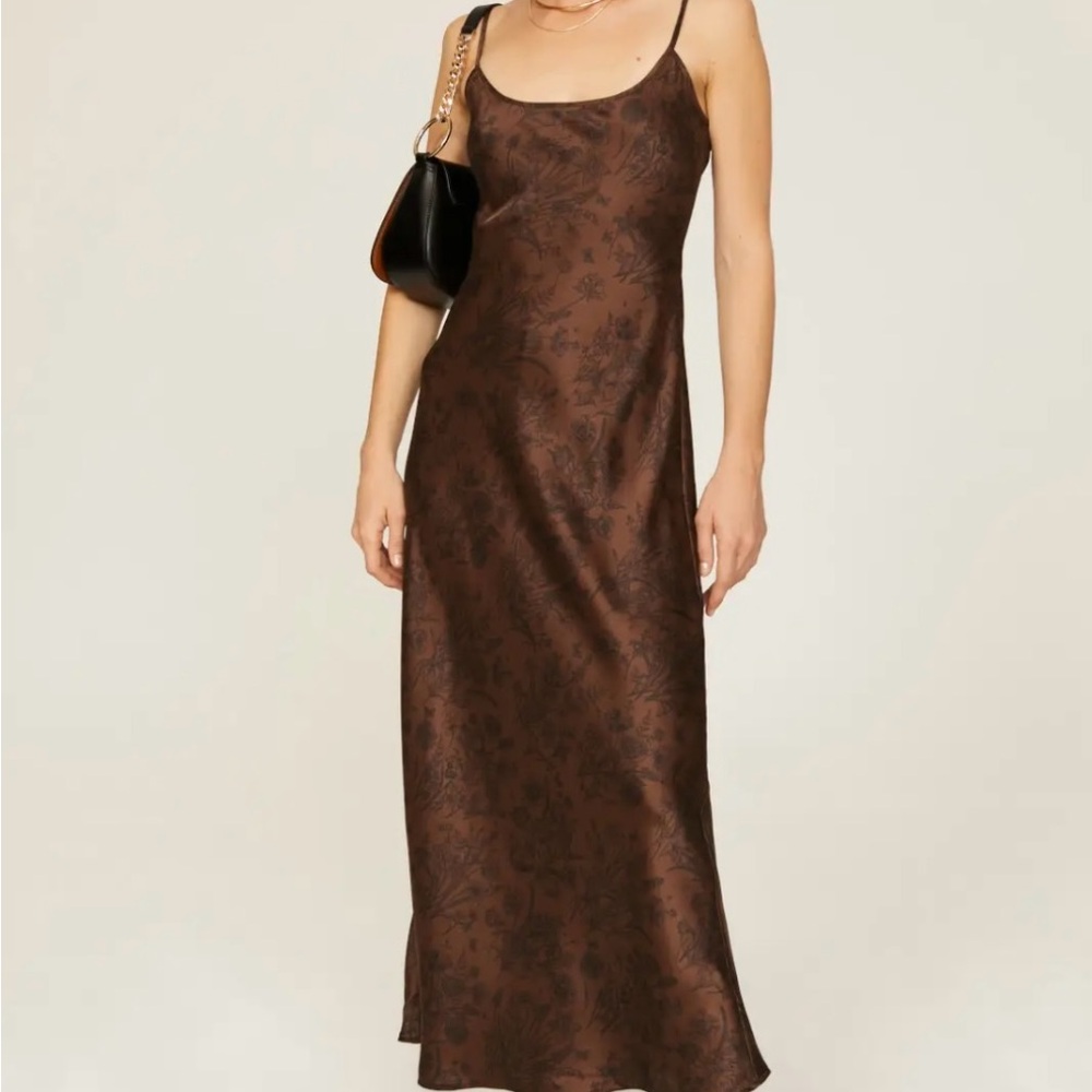 Weworewhat Brown and Black Floral Silky Slip Midi Dress New with Tag